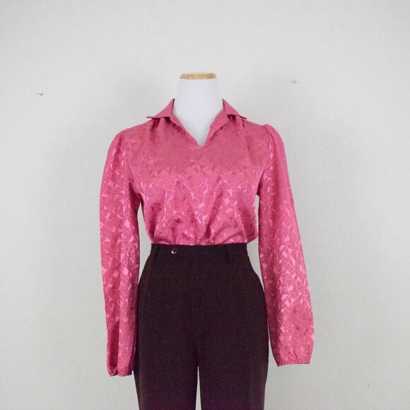 Vintage 80s Pink Polyester Blouse | size‎ S - Picture 9 of 10